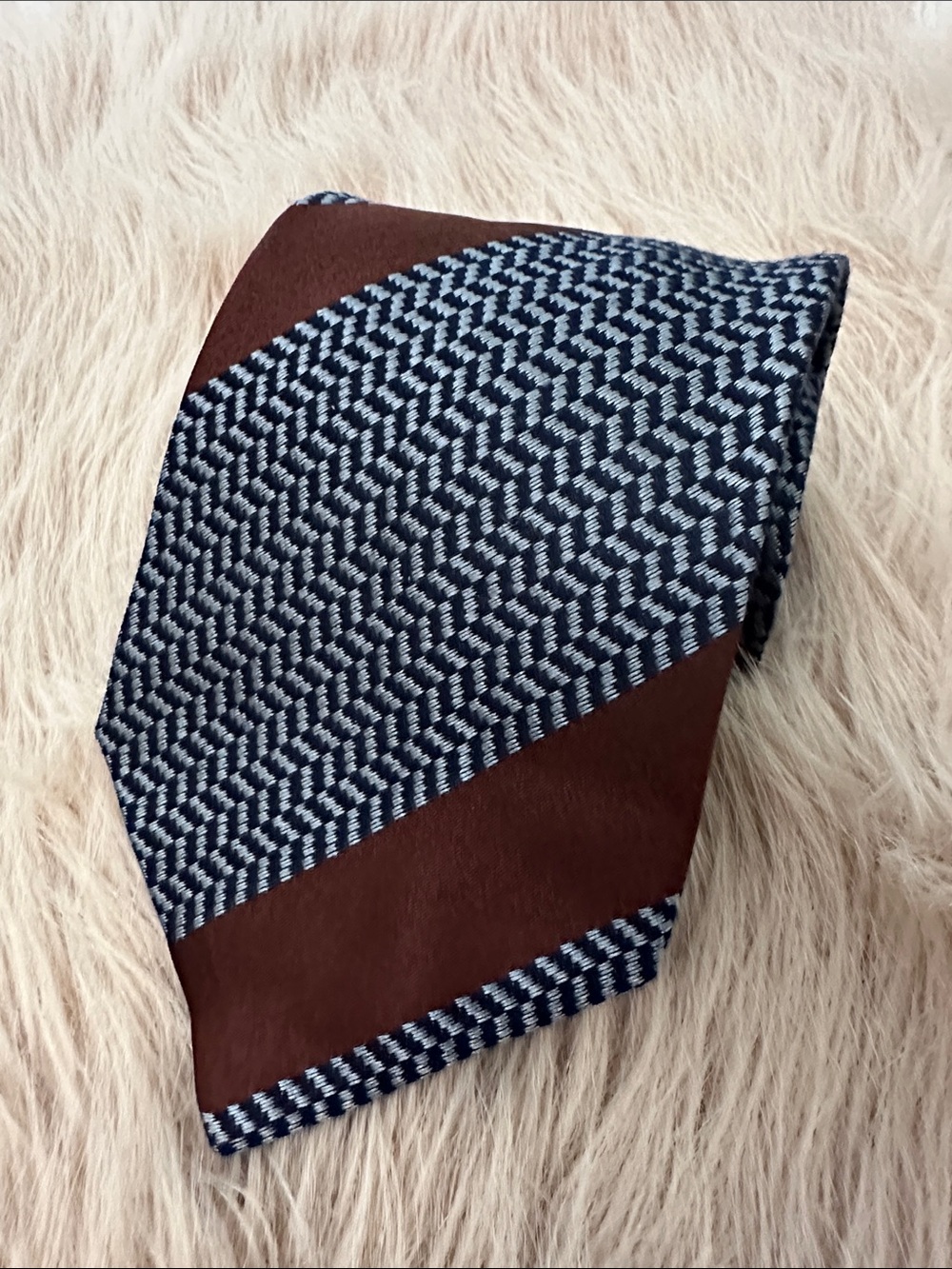Valentino Navy Patterned Tie with Brown Diagonal Panels